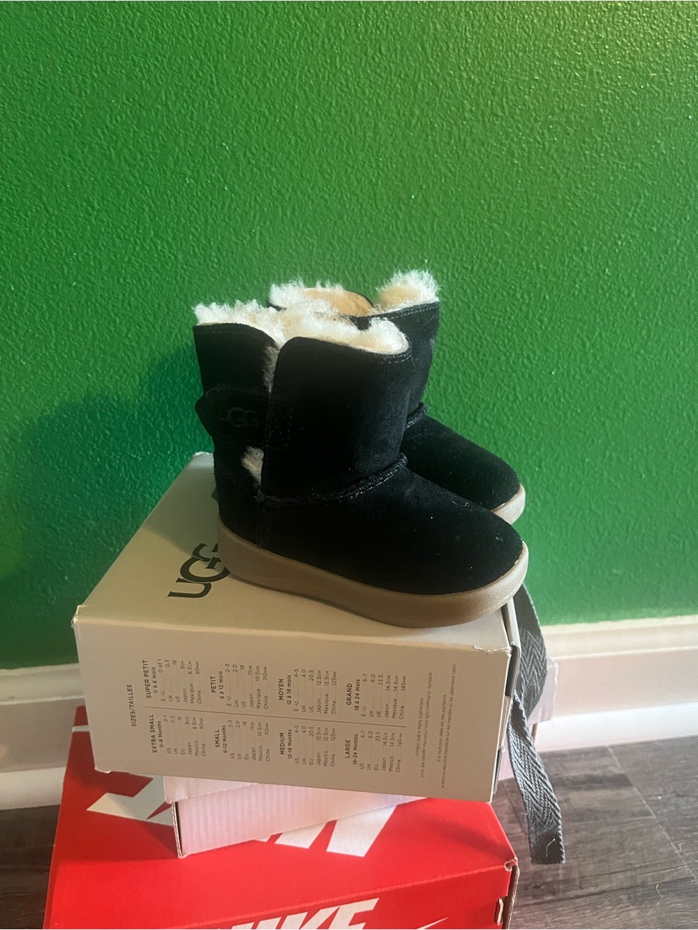 UGG Kids Black Suede Boot with Cream Fur